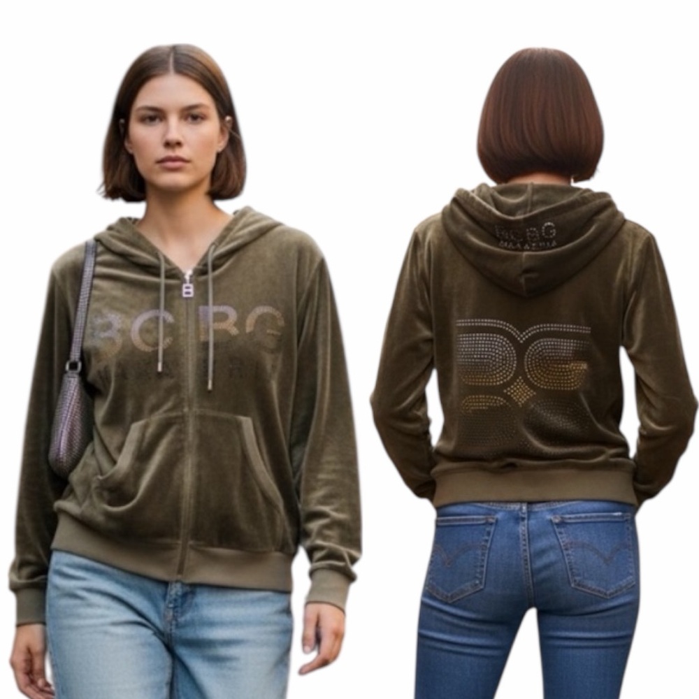 BCBGMaxAzria Y2K Olive Green Logo Velour Zip Hoodie Studded Fitted Size Large